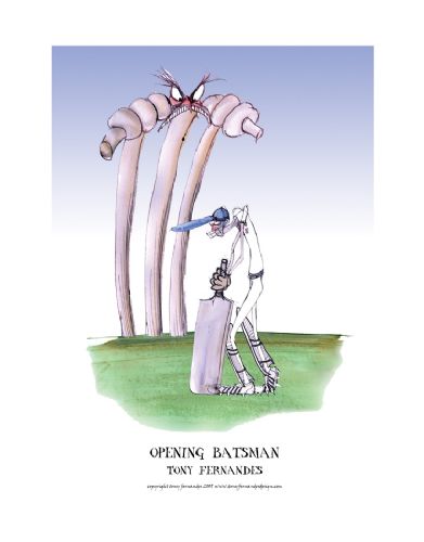 Opening Batsman by Tony Fernandes - England Test Cricket Cartoon signed print